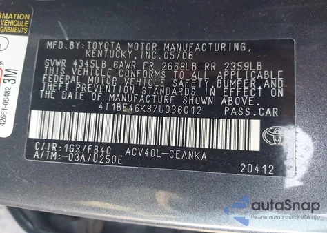 2007 Toyota Camry Ce/Le/Xle/Se z USA, uszkodzony, nr VIN 4T1BE46K87U036012